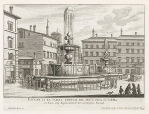Fonteinen na Piazza Farnese te Rome Fontanna na Piazza Farnese ser.mo s.r Duca di Parma (tytuł na obiekcie) Fontanny Rzymu (tytuł serii) Fonteinen van Rome (tytuł serii) autorstwa Giovanni Battista Falda