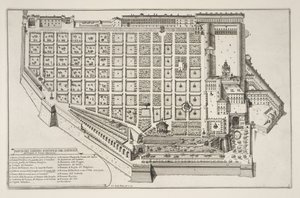 Papieski ogród i pałac na Kwirynale, z Il Nuovo Teatro della Fabriche et Buildings in Perspective of Modern Rome, opublikowane ok. 1665-69 (patrz także 172928) autorstwa Giovanni Battista Falda