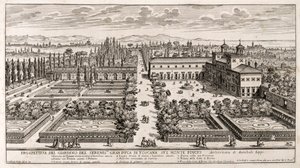 Perspektywa ogrodów Villa Medici w Rzymie, rycina z Li Giardni (Ogrody) autorstwa Giovanniego Battisty Faldy (1640 lub 1643-1678)