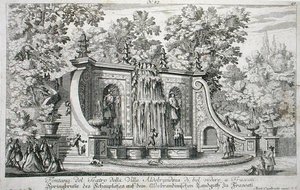 Fontanna teatralna w willi Aldobrandina, Frascati, ok. 1675, z „Le Fontane”, wydanej przed 1687 r. (rycina) autorstwa Giovanni Battista Falda