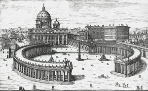 Watykan, Widok na Piazza San Pietro z Bazyliką Świętego Piotra i Pałacami Watykańskimi, rycina Giovanni Battista Falda. 1665