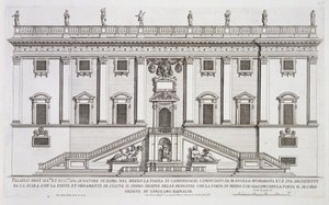 Widok fasady Palazzo Senatorio na Piazza del Campidoglio w Rzymie, rozpoczęty przez Michała Anioła Buonarrotiego (1475-1564) i ukończony przez Girolamo Rainaldi (1570-1655)