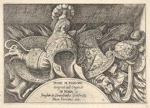 Tablica 5: trofea broni rzymskiej z dekoracji nad oknami na II piętrze ..., 1658.