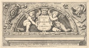 Tabliczka tytułowa do serii rycin wg Poloidoro, tytuł na tarczy podtrzymywanej przez dwa putta, 1658.