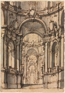 Projekt scenografii: Wnętrze pałacu z arkadami, połowa XVIII wieku. autorstwa Giovanni Battista III Natali