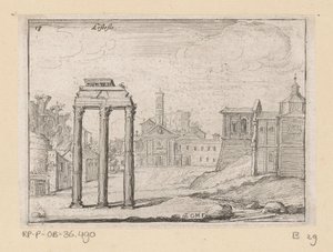 Widok na Forum Romanum w Rzymie Listesso (tytuł na obiekcie) Widoki Rzymu (tytuł serii) Alcune vedute et prospettive di luoghi dishabitati di Roma (tytuł serii) autorstwa Giovanni Battista Mercati