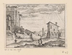 Ruiny Palazzo Maggiore w Rzymie i budynki w pobliżu Sallo pallazo Maggiore (tytuł na obiekcie) Widoki Rzymu (tytuł serii) Alcune vedute et prospettive di luoghi dishabitati di Roma (tytuł serii) autorstwa Giovanni Battista Mercati
