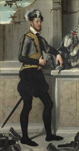 Rycerz w hełmie rycerskim Rycerz ze zranioną stopą, hrabia Faustino Avogadro, ok. 1554 autorstwa Giovanni Battista Moroni