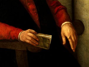 Przypuszczalny portret Francois Rabelais (1494-1553), francuskiego pisarza i lekarza. Fragment księgi, którą trzyma w dłoni i rycerza, który nosi na palcu. Obraz Giovanniego Battisty Moroniego (1525-1578) autorstwa Giovanni Battista Moroni