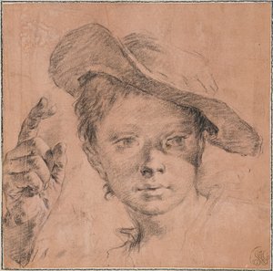 Chłopiec wskazujący uniesioną prawą ręką autorstwa Giovanni Battista Piazzetta