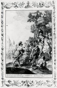 Pojedynek między Ottonem i Tancredi w obecności Clorinda, kanto VI, Jerozolima wygłoszona autorstwa Giovanni Battista Piazzetta