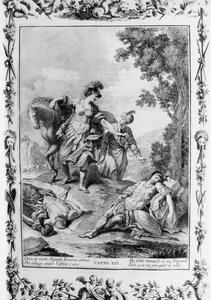 Erminia natknęła się na rannego Tancredi, Canto XIX, Jerozolima wydana autorstwa Giovanni Battista Piazzetta