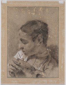 Głowa młodego mężczyzny z profilu z książką, ok. godz. 173040s.