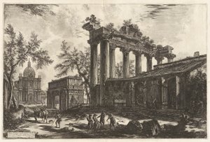 Altra Veduta degli avanzi del Pronao del Tempio del Concordia (Kolejny widok szczątków pronaosów Świątyni Zgody [Świątynia Saturna z Łukiem Septymiusza Sewera w lewym tle]), z Vedute di Roma (Widoki Rzymu) autorstwa Giovanni Battista Piranesi