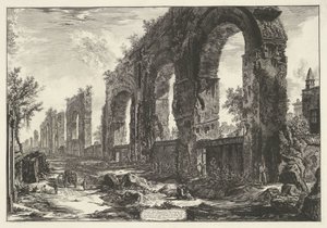 Aquaduct van Nero w Rzymie Resztki Akweduktów Nerońskich, które chcieli zniszczyć na starość (...) (tytuł na obiekcie) Gezichten op Rome (tytuł serii) Widoki Rzymu zaprojektowane i wyryte przez architekta Giambattistę Piranesiego Ve (nez) iano (ser autorstwa Giovanni Battista Piranesi