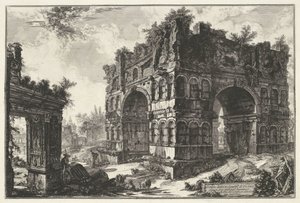 Boog van Janus en de Boog van de geldwisselaars te Rome Świątynia o nazwie volgarm.te di Giano (tytuł na obiekcie) Gezichten op Rome (tytuł serii) Widoki Rzymu zaprojektowane i wyryte przez architekta Giambattistę Piranesiego Ve (nez) iano (tytuł serii) autorstwa Giovanni Battista Piranesi