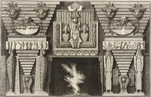 Kominek w stylu egipskim: dwie mumie z profilu po lewej i dwie postacie niosące obeliski po prawej. autorstwa Giovanni Battista Piranesi