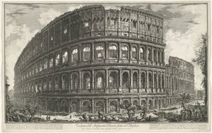 Koloseum w Rzymie Widok na Amfiteatr Flawiuszów, zwany Koloseum (tytuł na obiekcie) Gezichten op Rome (tytuł serii) Widoki Rzymu zaprojektowane i wyryte przez architekta Giambattistę Piranesiego Ve (nez) iano (tytuł serii) autorstwa Giovanni Battista Piranesi