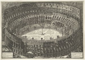 Koloseum w Rzymie Widok na Amfiteatr Flawiuszów znany jako Koloseum (tytuł na obiekcie) Gezichten op Rome (tytuł serii) Widoki Rzymu zaprojektowane i wyryte przez architekta Giambattistę Piranesiego Ve (nez) iano (tytuł serii) autorstwa Giovanni Battista Piranesi