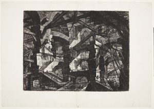 Złożone grupy powiązanych ze sobą zniszczonych łuków podtrzymujących belki i liny autorstwa Giovanni Battista Piranesi