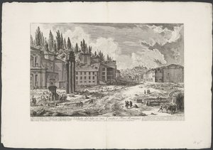 Forum Romanum spotkało się z Tempel van Jupiter Stator te Rome Widok miejsca, w którym znajdowało się starożytne Forum Romanum (tytuł na obiekcie) Gezichten op Rome (tytuł serii) Widoki Rzymu zaprojektowane i wyryte przez architekta Giambattistę Piranesieg autorstwa Giovanni Battista Piranesi