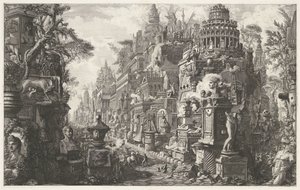 Frontispiece spełnione een fantasievoortelling van de Via Appia Antica Frontyspis tomu II „Le Antichità Romane” Widok antycznego skrzyżowania dróg Appian i Ardeat przy 2. kamieniu za bramą (tytuł na obiekcie) Archeologische vondsten w en autorstwa Giovanni Battista Piranesi