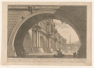Widok na most z łukami i loggiami Pierwsza część Architektura i perspektywy (tytuł serii) Prima parte di architetture e prospettive (tytuł serii) autorstwa Giovanni Battista Piranesi