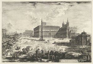 Gezicht op het Lateraan te Rome met de Sint-Jan van Lateranen Widok na Piazza i Bazylikę S. Giovanni in Laterano (tytuł na obiekcie) Gezichten op Rome (tytuł serii) Widoki Rzymu zaprojektowane i wyryte przez architekta Giambattistę Piranesiego Ve (nez) ian autorstwa Giovanni Battista Piranesi