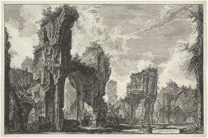 Gezichten op Rome, de Campagna itp. (122 ostrza) Ruiny Sisto lub obie wielkiej sali Łazienek Antoniniańskich (tytuł na obiekcie) Gezichten op Rome (tytuł serii) Widoki Rzymu zaprojektowane i wyryte przez architekta Giambattistę Piranesiego Ve (nez) iano (s autorstwa Giovanni Battista Piranesi