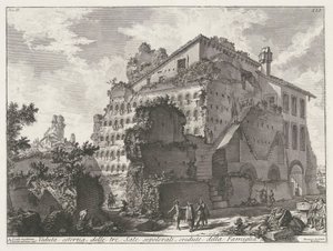 Graftombe van familie van keizer Augustus Widok zewnętrzny trzech pomieszczeń grobowych, uważanych za należące do rodziny Aug.to (tytuł na obiekcie) Archeologische vondsten in en rond Rome (tytuł serii) Starożytności rzymskie (tytuł serii) autorstwa Giovanni Battista Piranesi
