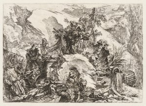 Groteschi: Ruiny z głową i szkieletem śmierci autorstwa Giovanni Battista Piranesi