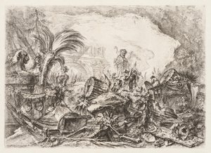 Groteschi: Ruiny z posągiem fauna i upadłą kolumną autorstwa Giovanni Battista Piranesi