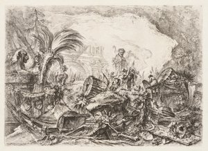 Groteschi: Ruiny z posągiem fauna i upadłą kolumną, ca. 1745-50. autorstwa Giovanni Battista Piranesi