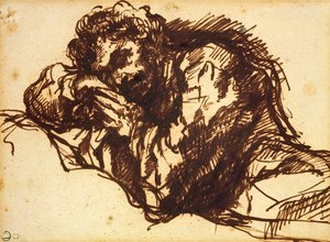 Połowa długości portret mężczyzny pochylającego się nad (pióro i atrament na papierze) autorstwa Giovanni Battista Piranesi
