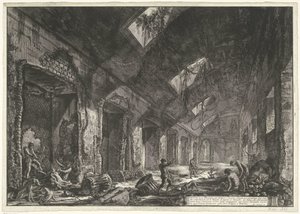 Interieur van de Heliocaminus Baden w de Villa Adriana t i Tivoli Widoki kominka Helio do życia w zimie, który był ogrzewany przez słońce, które było wprowadzane przez okna (tytuł na obiekcie) Gezichten op Rome (tytuł serii) Widoki Rzymu diseg autorstwa Giovanni Battista Piranesi