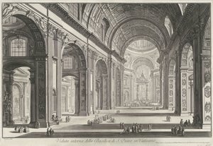 Interieur van de Sint-Pietersbasiliek te Vaticaanstad Widok wnętrza Bazyliki Świętego Piotra w Watykanie (tytuł na obiekcie) Gezichten op Rome (tytuł serii) Widoki Rzymu zaprojektowane i wyryte przez architekta Giambattistę Piranesiego Ve (nez) iano (seria autorstwa Giovanni Battista Piranesi