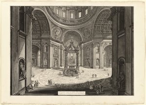 Widok wnętrza Bazyliki Świętego Piotra w Watykanie, w pobliżu trybuny, z Widoki Rzymu autorstwa Giovanni Battista Piranesi