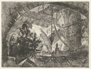 Loch z więźniami na wystającej platformie Lochy (tytuł serii) Invenzioni Capric di Carceri all Acqua Forte (tytuł serii) autorstwa Giovanni Battista Piranesi