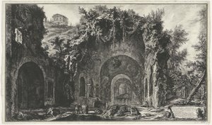 Nymphaeum van Egeria w Rzymie Widok źródła i jaskiń Egiptu poza Porta Capena lub di S. Seb.n (...) (tytuł na obiekcie) Gezichten op Rome (tytuł serii) Widoki Rzymu zaprojektowane i wyryte przez architekta Giambattistę Piranesiego Ve (nez) ian autorstwa Giovanni Battista Piranesi