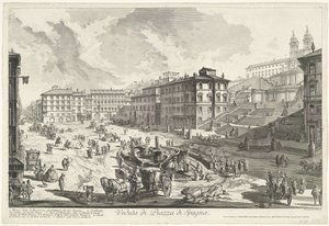 Schody Hiszpańskie w Rzymie Widok na Piazza di Spagna (tytuł na obiekcie) Gezichten op Rome (tytuł serii) Widoki Rzymu zaprojektowane i wyryte przez architekta Giambattistę Piranesiego Ve (nez) iano (tytuł serii) autorstwa Giovanni Battista Piranesi