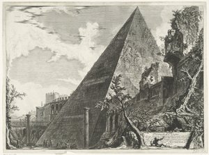 Piramide van Cestius te Rome Piramida C. Cestio (tytuł na obiekcie) Gezichten op Rome (tytuł serii) Widoki Rzymu zaprojektowane i wyryte przez architekta Giambattistę Piranesiego Ve (nez) iano (tytuł serii) autorstwa Giovanni Battista Piranesi
