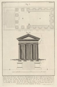 Plan i fasada świątyni Fortuna Virilis Tempio della Fortuna Virile, z lat 1756. autorstwa Giovanni Battista Piranesi