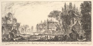 Ilustracja 19: Część starożytnej Drogi Appijskiej około trzech mil od Porta S. Sebastiano..., ca. 1748. autorstwa Giovanni Battista Piranesi