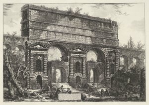 Porta Maggiore w Rzymie Widok pomnika wzniesionego przez cesarza Tytusa Wespazjana (...) (tytuł na obiekcie) Gezichten op Rome (tytuł serii) Widoki Rzymu zaprojektowane i wyryte przez architekta Giambattistę Piranesiego Ve (nez) iano (tytuł serii) autorstwa Giovanni-Battista Piranesi
