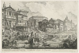 Port Ripetta te Rome Widok na port Ripetta (tytuł na obiekcie) Gezichten op Rome (tytuł serii) Widoki Rzymu zaprojektowane i wyryte przez architekta Giambattistę Piranesiego Ve (nez) iano (tytuł serii) autorstwa Giovanni Battista Piranesi