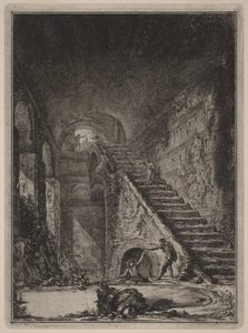 Perspektywa schodów zbiornika wodnego wspomnianych wcześniej pomieszczeń mieszkalnych, oznaczonych na planie w tablicy XIII literą G. autorstwa Giovanni Battista Piranesi