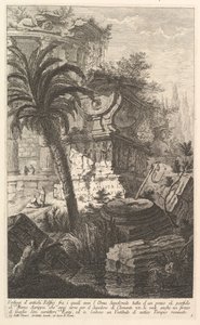 Pozostałości starożytnych budowli, wśród których stoi urna nagrobna Marka Agryppy ma..., ca. 1750. autorstwa Giovanni Battista Piranesi