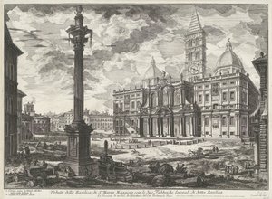 Santa Maria Maggiore w Rzymie Widok bazyliki Santa Maria Maggiore z dwiema bocznymi fabrykami wspomnianej bazyliki (tytuł na obiekcie) Gezichten op Rome (tytuł serii) Widoki Rzymu zaprojektowane i wyryte przez architekta Giambattistę Piranesiego Ve (nez) i autorstwa Giovanni Battista Piranesi