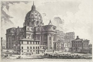 Sint-Pietersbasiliek vanaf Plac Zakrystii Widok z zewnątrz wielkiej Bazyliki św. Piotra w Watykanie (tytuł na obiekcie) Gezichten op Rome (tytuł serii) Widoki Rzymu zaprojektowane i wyryte przez architekta Giambattistę Piranesiego Ve (nez) iano (ser autorstwa Giovanni Battista Piranesi