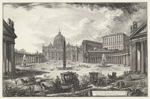 Sint-Pietersplein met de Sint-Pietersbasiliek te Vaticaanstad Widok na duży plac i Bazylikę św. Piotra (...) (tytuł na obiekcie) Gezichten op Rome (tytuł serii) Widoki Rzymu zaprojektowane i wyryte przez architekta Giambattistę Piranesiego Ve (nez) iano (s autorstwa Giovanni Battista Piranesi